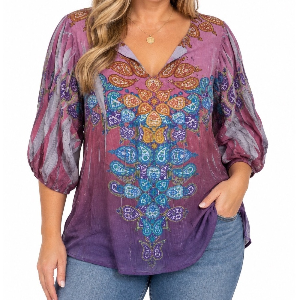 One World Womens Purple Paisley Embellished V-Neck Blouse Large 5710N-7166